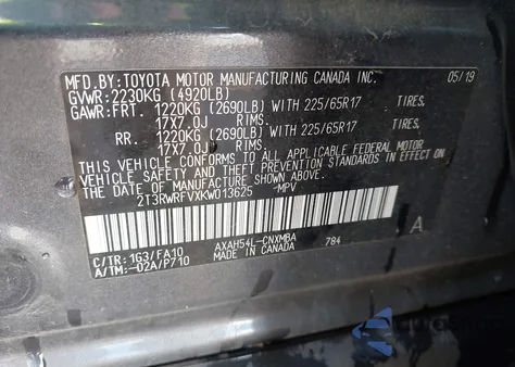 2019 Toyota Rav4 Hybrid Xle из США, поврежденный, VIN 2T3RWRFVXKW013625